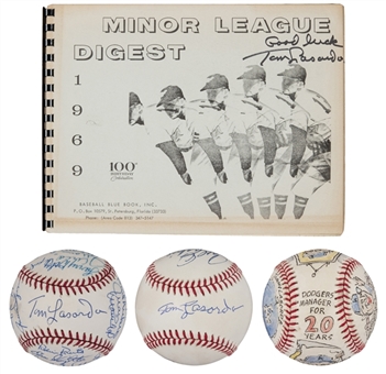 Tom Lasorda Collection of Autographed Magazine, Artwork Baseball, and (2) Multi- Signed Baseballs (4 Items Total) (PSA/DNA PreCert)